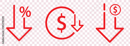 Cost reduction icon price lower arrow. Vector low cost money crisis line icon.