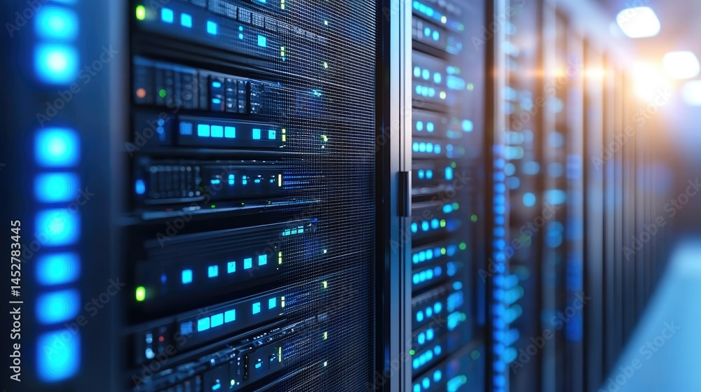 Close-up view of high-performance servers glowing with blue lights inside a modern data center corridor. Ideal for cloud systems, big data, and secure tech visuals Close-up view of high-performance servers glowing with blue lights inside a modern data center corridor. Ideal for cloud systems, big data, and secure tech visuals