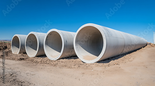 Wallpaper Mural Concrete pipes are arranged in a row on a dirt surface under a blue sky, ready for construction. These pipes are various sizes for building projects. Torontodigital.ca