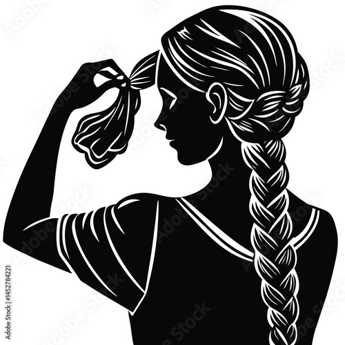 Woman with Braided Hairstyle Vector Illustration: Black and White Graphic of Girl Styling Her Hair in a Braid, Beauty and Fashion Art