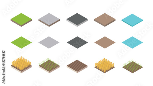 Set of isometric landscape design tiles with different surfaces - grass, water, dirt, stone, pavement and parts for creating path