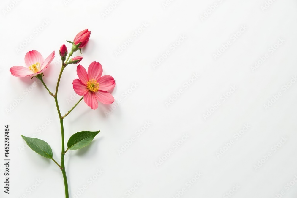 Fototapeta premium Delicate, minimalist floral sprigs on white background, bud, background, minimalist floral