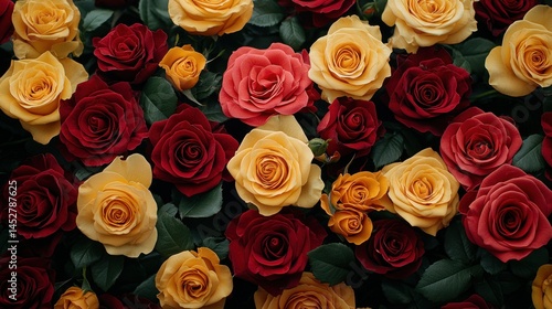 Romantic display with a vibrant collection of red, yellow and orange roses