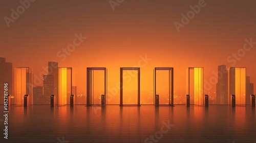 Parking payment gate system Futuristic cityscape with glowing doors at sunset.