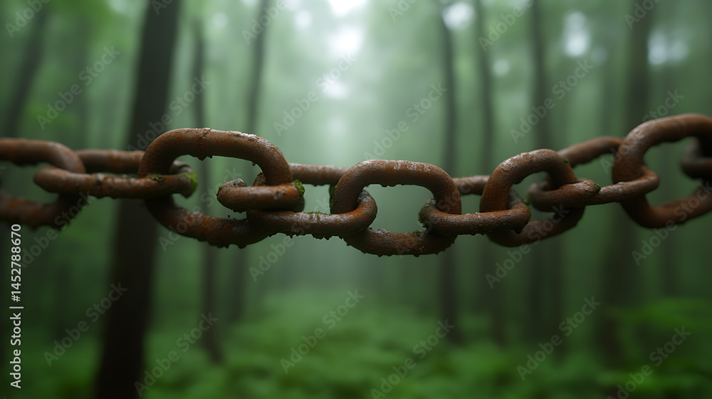 Obraz premium Old rusty chain in a misty, atmospheric forest. Nature reclaims metal. Symbolism of burdens, time, or lost connections in this evocative scene.