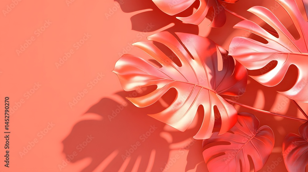 Obraz premium Coral Monstera Leaves on Orange Background 3D Render