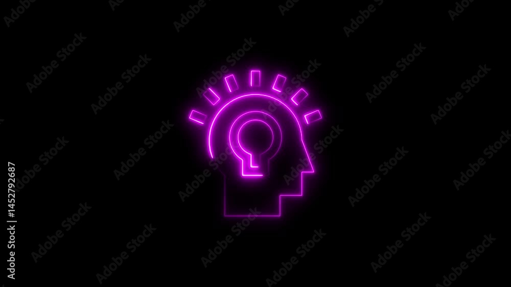 Illuminated neon brain idea concept with bright glowing purple on black background Illuminated neon brain idea concept with bright glowing purple on black background