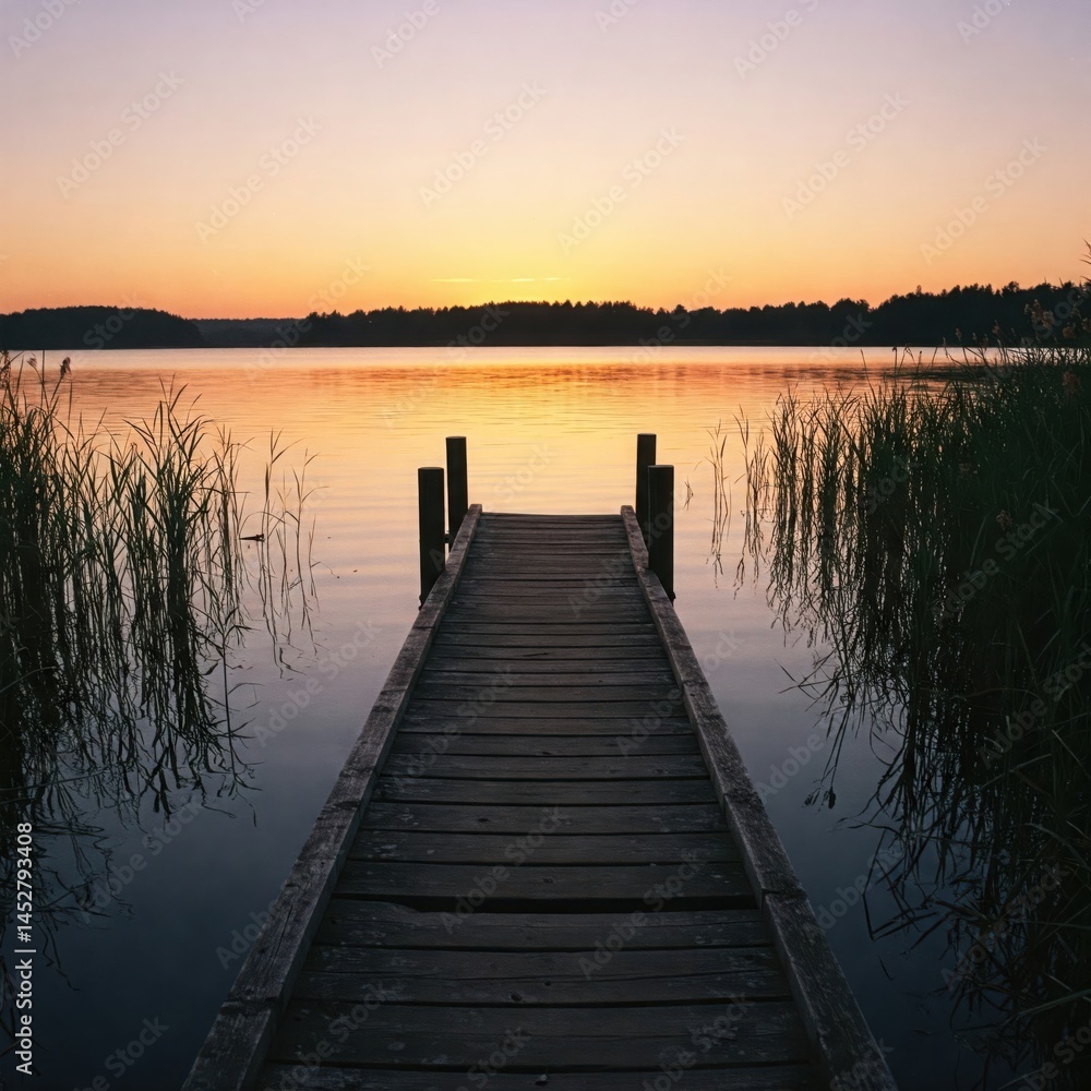 Serene Lake Pier at Golden Twilight Serene Lake Pier at Golden Twilight