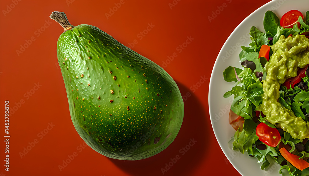 Fresh Hass avocado next to a vibrant salad topped with guacamole. Illustrates healthy eating and avocado's culinary versatility, including the popular dip