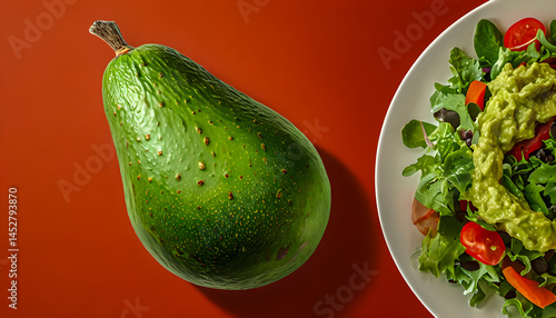 Obraz na płótnie Fresh Hass avocado next to a vibrant salad topped with guacamole. Illustrates healthy eating and avocado's culinary versatility, including the popular dip w salonie