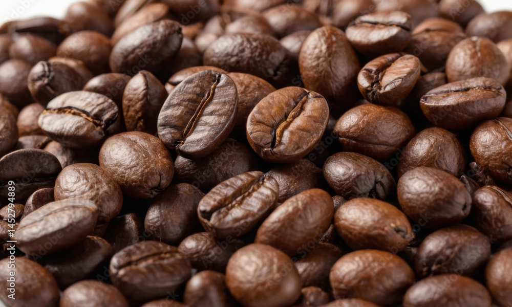 A pile of coffee beans stacked on top of each other, perfect for a coffee shop or cafe background A pile of coffee beans stacked on top of each other, perfect for a coffee shop or cafe background
