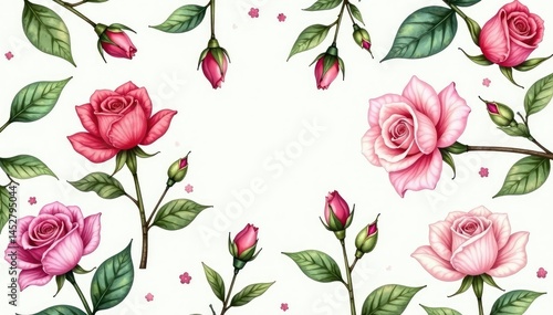 Delicate watercolor rosebuds & leaves, repeating seamlessly , botanical pattern, watercolor