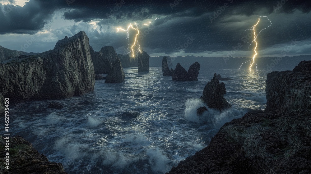 A stormy coastal bay filled with jagged rock formations