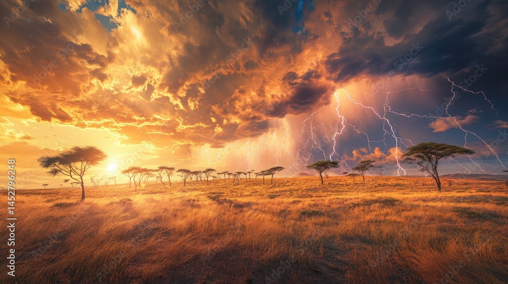 A sun-scorched savanna overtaken by heavy storm clouds