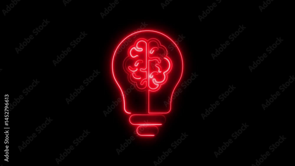 Glowing red neon brain symbol inside a lightbulb representing idea and innovation Glowing red neon brain symbol inside a lightbulb representing idea and innovation