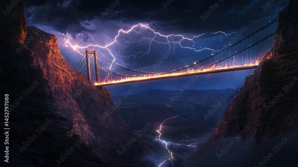 A suspension bridge stretching into a storm-filled canyon