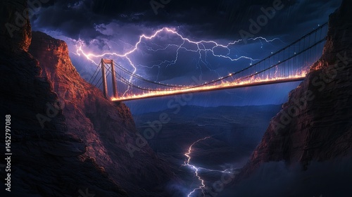 Obraz na płótnie A suspension bridge stretching into a storm-filled canyon w salonie