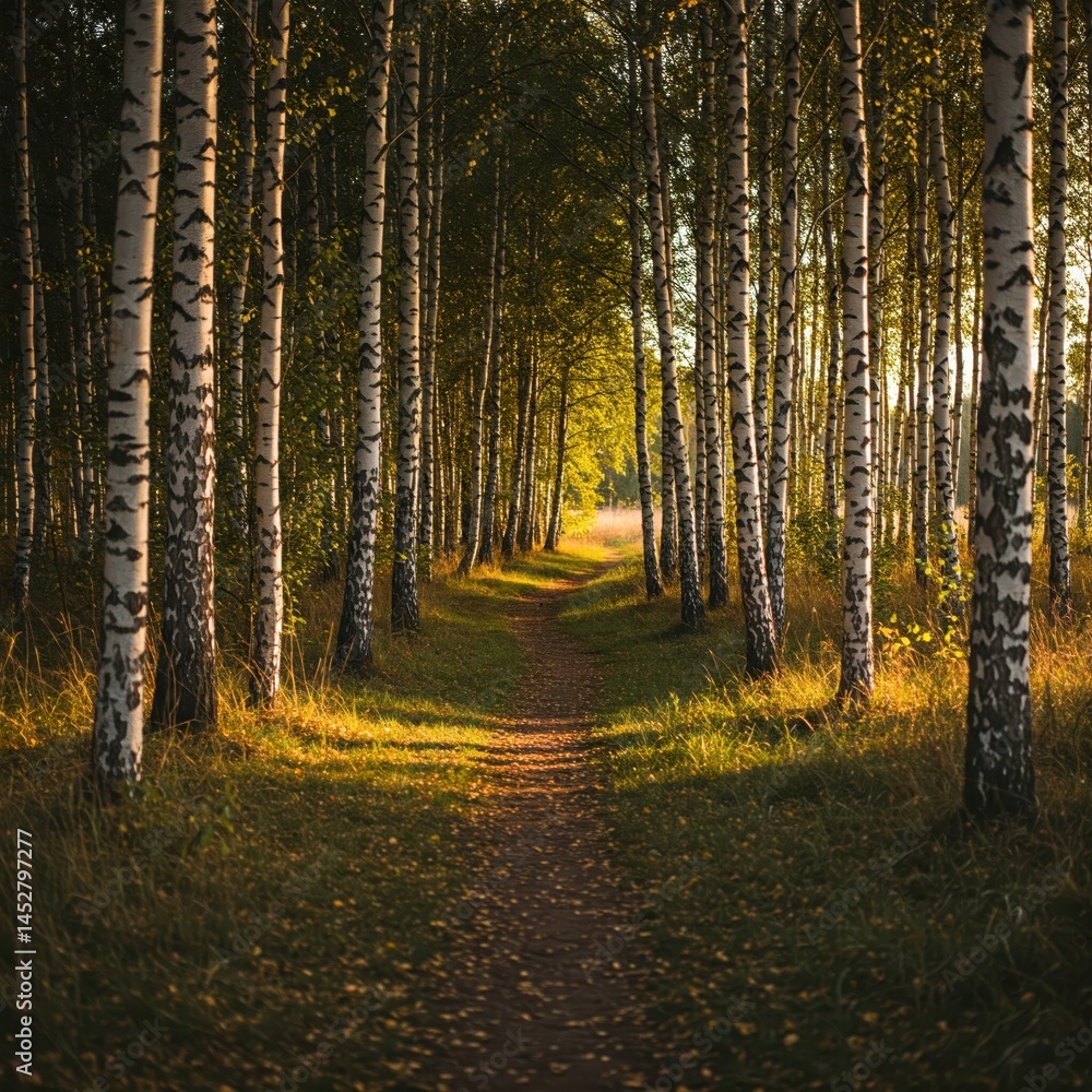 Obraz premium Peaceful Walk Among Tall Birch Trees