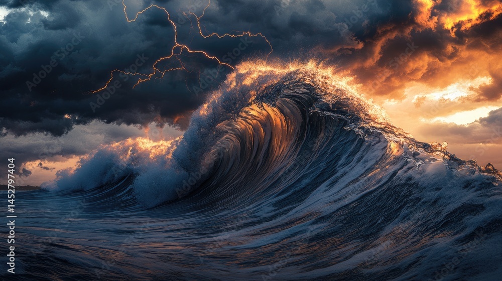 A tidal wave rising high against a backdrop of dark clouds threaded with lightning
