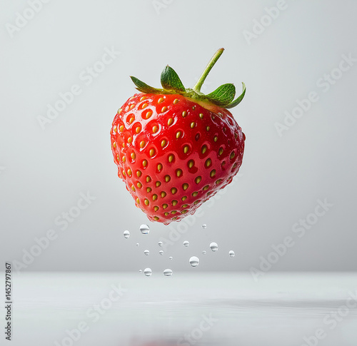 Ultra-detailed strawberry with water droplets, floating on white, high-resolution photo