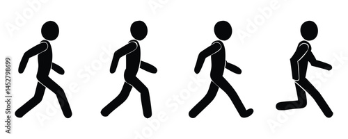 Minimalist Black Silhouettes of Walking Figures in Step-by-Step Motion Sequence on White Background