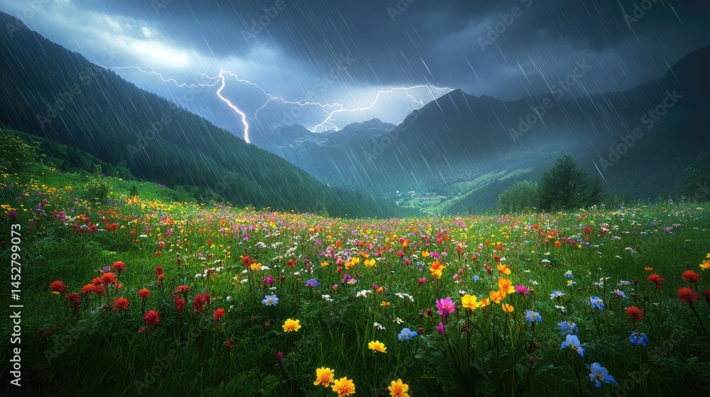 A tranquil highland meadow shrouded by an encroaching tempest