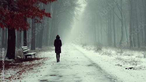 Winter walk in forest path