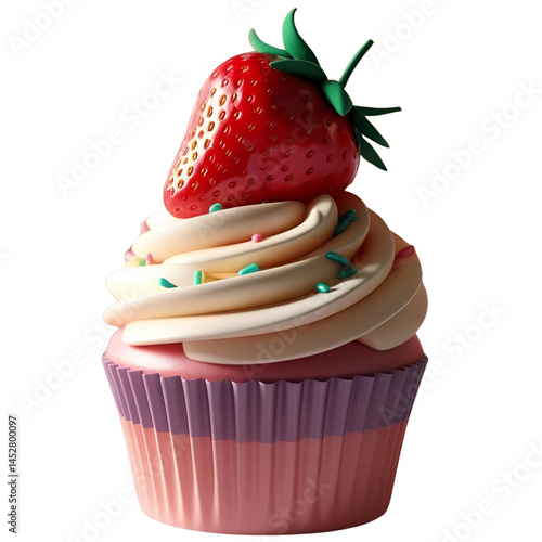 3D cupcake with strawberry ; isolated on a transparent background