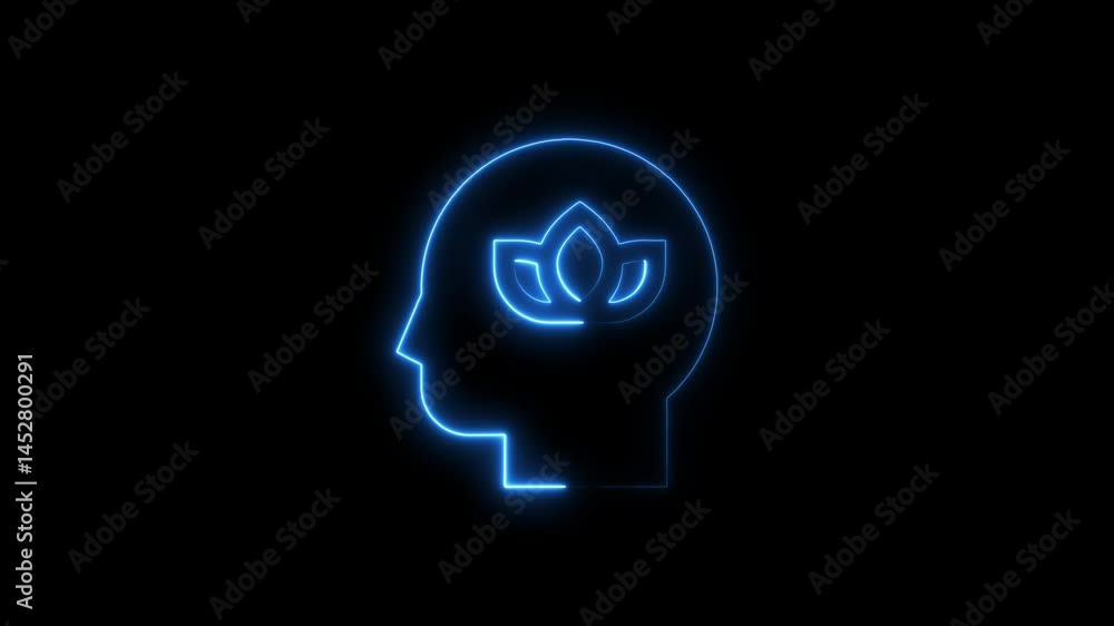 Neon blue brain with a lotus symbol for mental health and meditation Neon blue brain with a lotus symbol for mental health and meditation