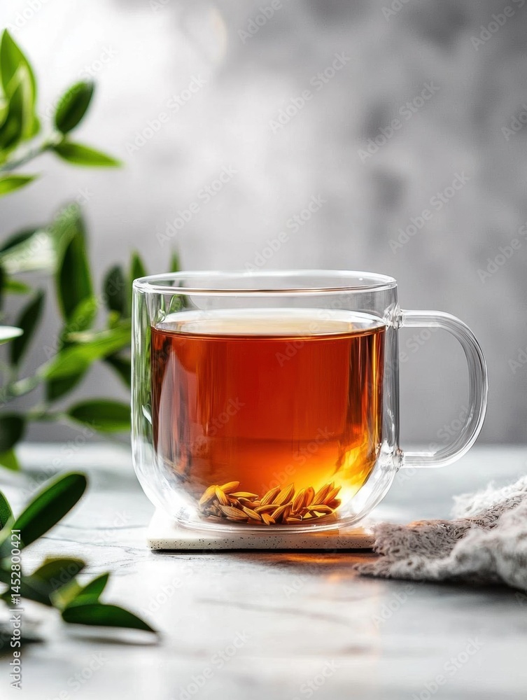 Glass cup of tea on a white marble countertop. the cup is transparent and has a handle on one side. the tea is a light brown color and appears to be freshly brewed. Glass cup of tea on a white marble countertop. the cup is transparent and has a handle on one side. the tea is a light brown color and appears to be freshly brewed.