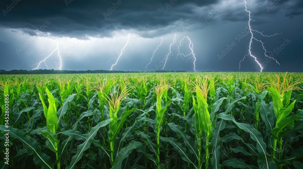 A vast cornfield under a rolling thunderstorm