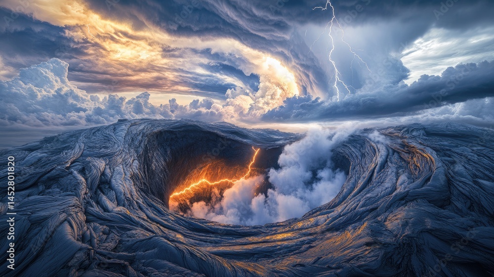A volcanic fissure steaming beneath swirling storm clouds