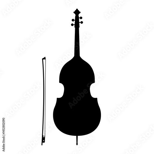 Cello silhouette with bow. Old wooden with strings black instrument violoncello from symphony orchestra with elegant sound and melodic sound notes