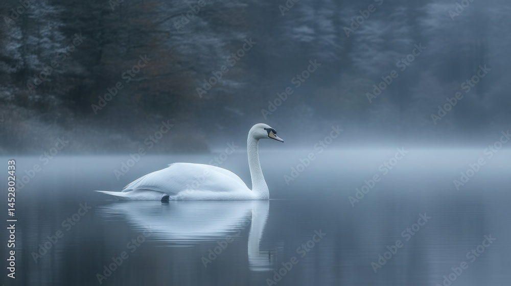 Obraz premium Solitary swan gracefully swimming in a foggy lake during early morning serenity