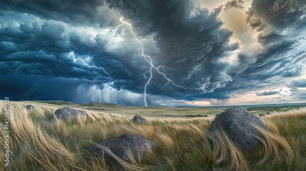 A wide-open prairie covered in bending grasses and scattered boulders under a massive wall of storm clouds