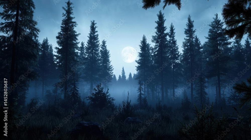 Dark and eerie scene of a forest with tall pine trees. the sky is filled with a thick fog, creating a mysterious and eerie atmosphere. Dark and eerie scene of a forest with tall pine trees. the sky is filled with a thick fog, creating a mysterious and eerie atmosphere.