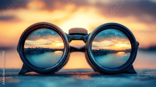 Sunset Vista Through Binoculars: A Serene Lakeside Panorama