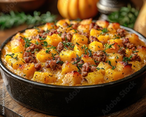 Savory butternut squash casserole topped with sausage and herbs, autumn setting