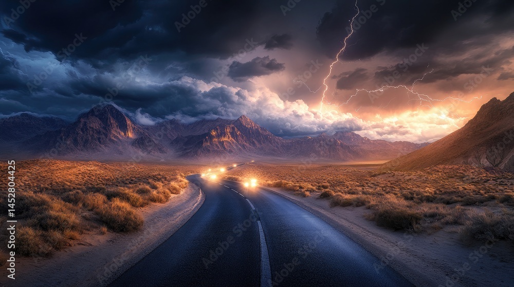 A winding desert road leading into a distant mountain range veiled in storm clouds