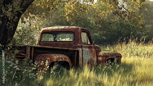 Rusted truck in overgrown field with shifting light and nature's embrace