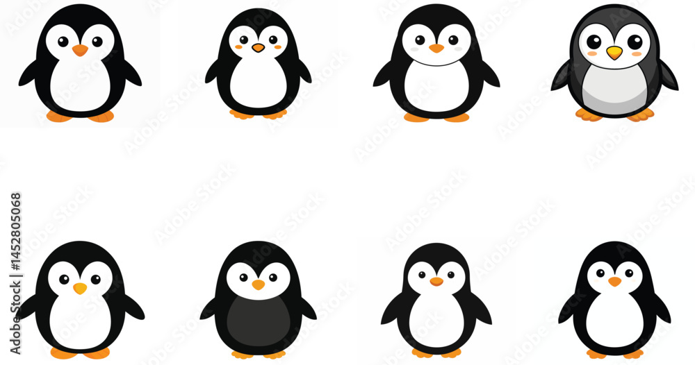 Obraz premium A cute cartoon penguin family with hats enjoys winter snow, a funny vector illustration set against a white background