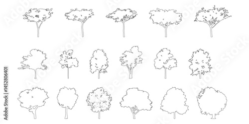 silhouette tree line drawing set, Side view, set of graphics trees elements outline symbol for architecture and landscape design drawing. Vector illustration in stroke fill in white. Tropical