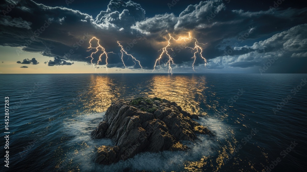 An isolated rocky outcrop rising from a vast glittering sea