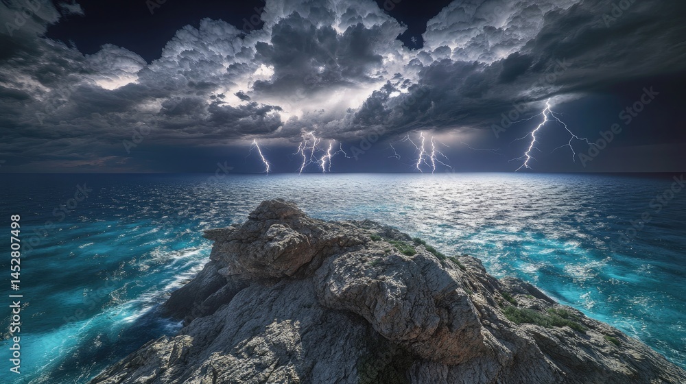 An isolated rocky outcrop rising from a vast glittering sea