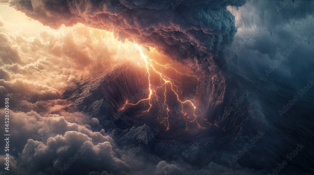 An ominous volcanic caldera shrouded in ash and heavy storm clouds