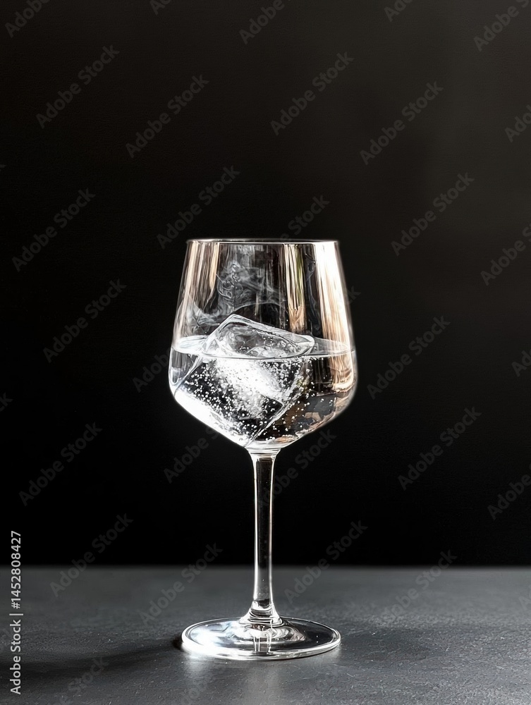 Close-up of a wine glass with ice cubes in it. the glass is empty and is placed on a black surface. the background is also black, making the glass and ice cubes the focal point of the image. Close-up of a wine glass with ice cubes in it. the glass is empty and is placed on a black surface. the background is also black, making the glass and ice cubes the focal point of the image.