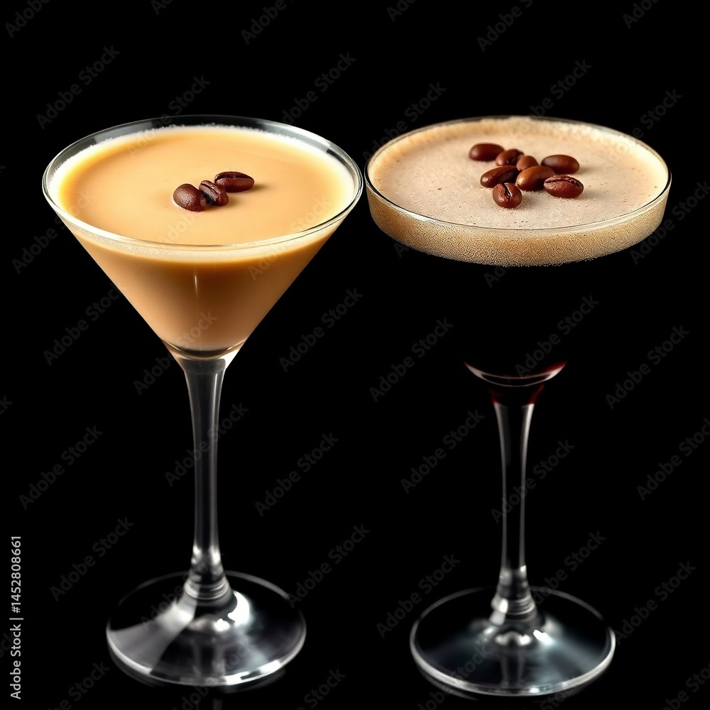 Espresso martinis with layered textures and coffee bean decoration against a dark setting Espresso martinis with layered textures and coffee bean decoration against a dark setting