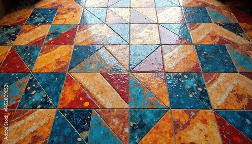 Intricate tile mosaic floor, geometric shapes , architecture, surface