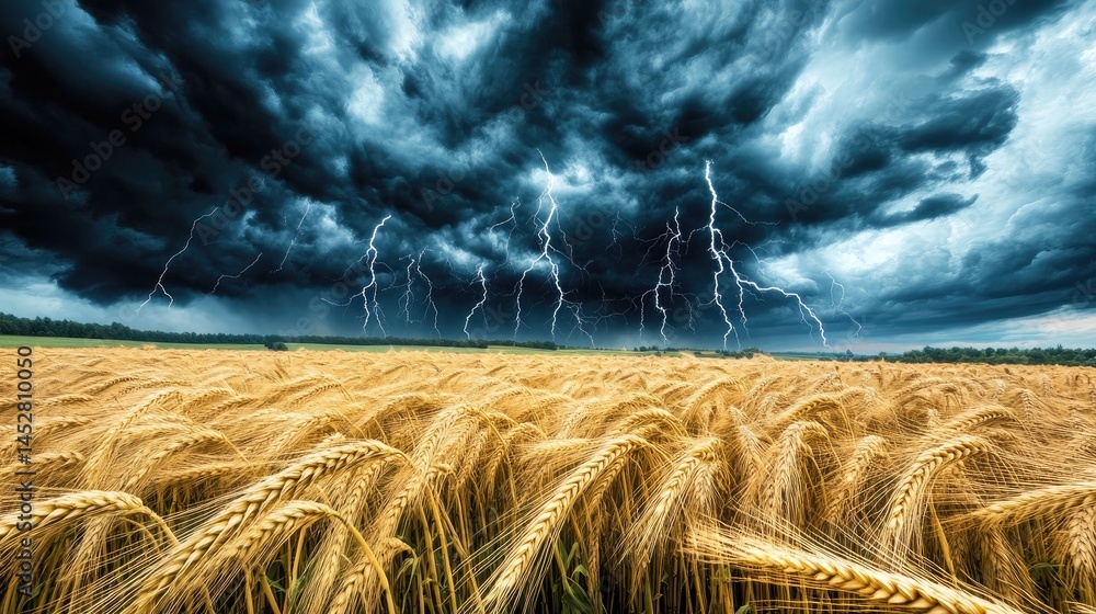 Endless fields of golden wheat swaying violently in the wind beneath an angry sky