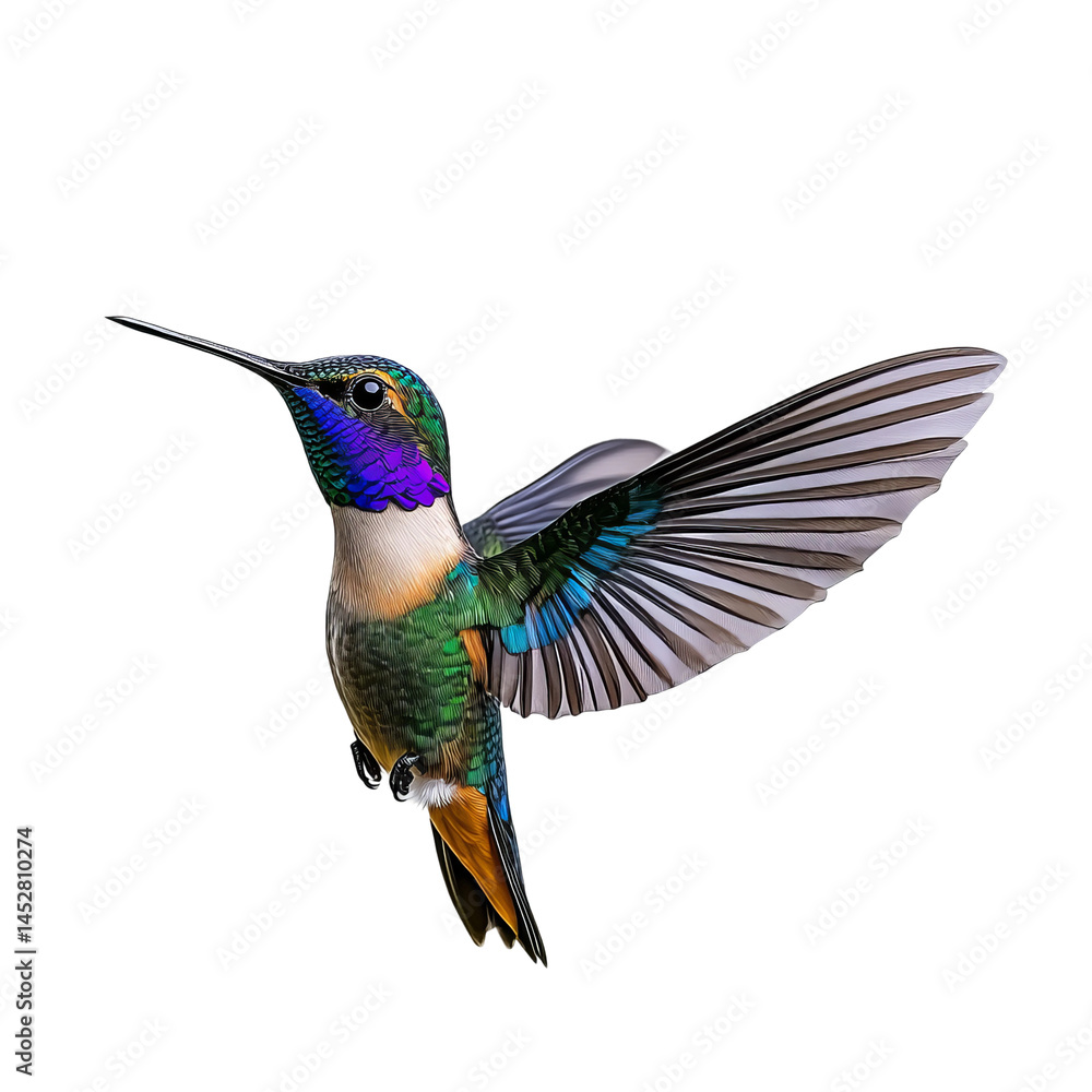 Obraz premium A vibrant hummingbird in mid-flight, showcasing its iridescent plumage and delicate wings. The bird's vibrant colors stand out against the clear background.